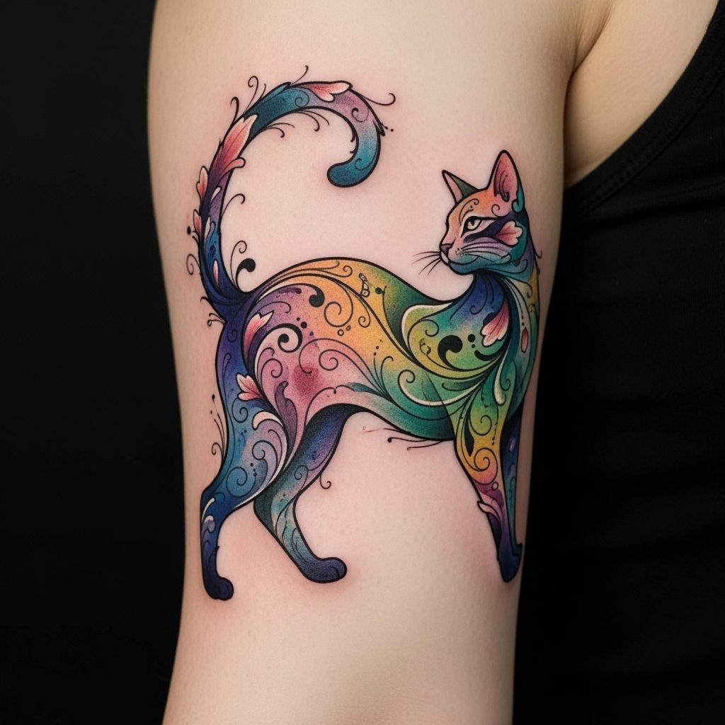 : Farbiges Katzentattoo als persönliches Andenken an eine verstorbene Katze